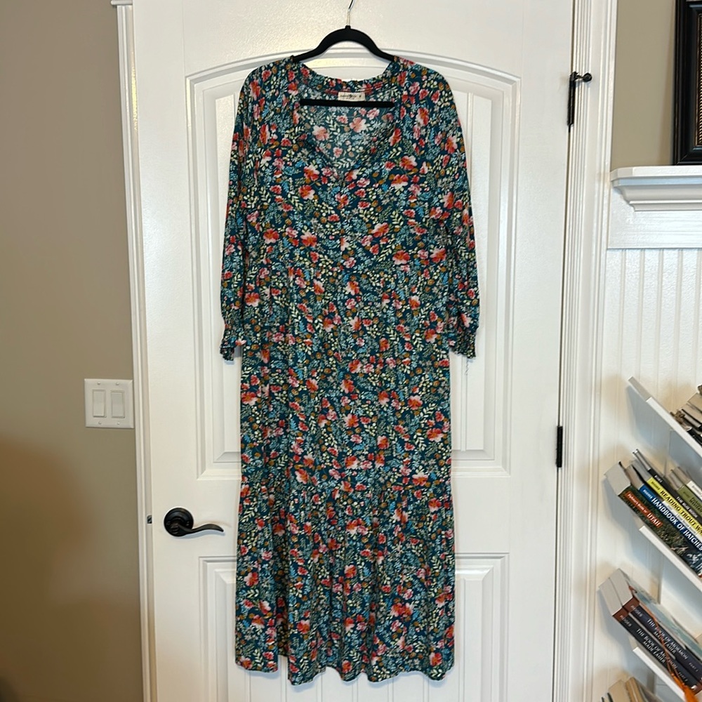 Floral V-Neck Maxi Dress in Teal and Coral